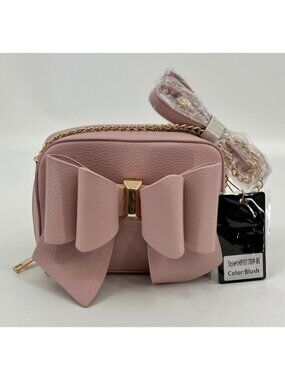Crossi Chloe Bow Crossbody Pink Faux Leather Zip Closure Chain Strap Logo